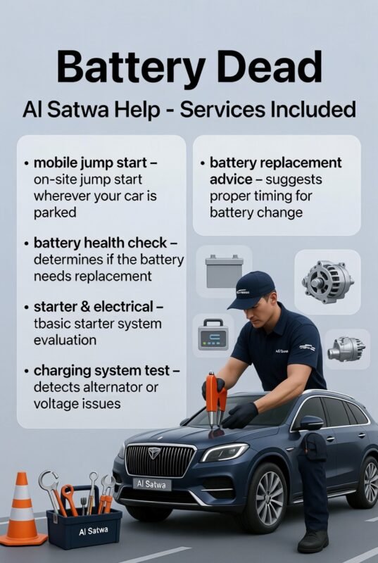 "Infographic showing Battery Dead Al Satwa Help – Services Included with title at top, key services as side bullets, and animated-style roadside assistance technician performing a jump start on a luxury SUV in Al Satwa with icons for battery, starter, alternator, jump cables, and diagnostic tools."