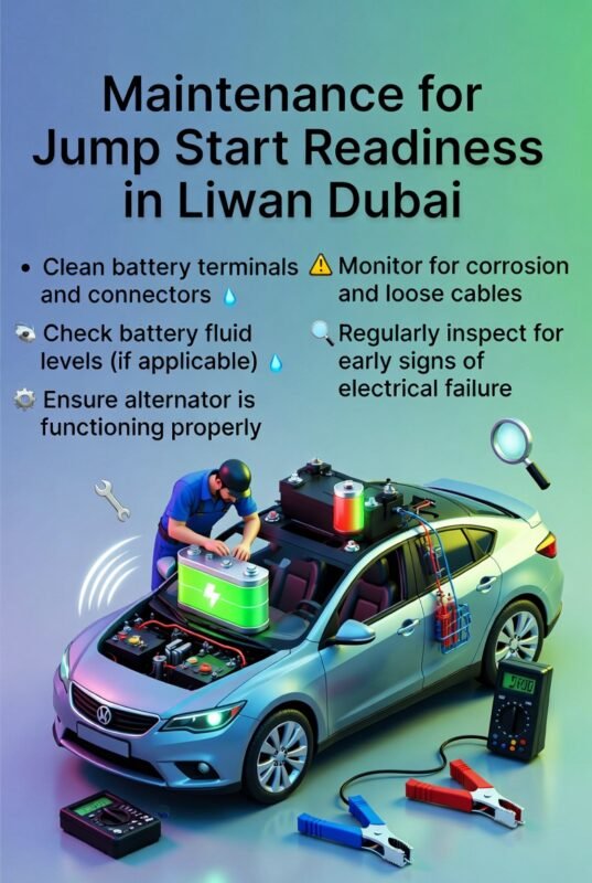 "Infographic showing maintenance tips for jump start readiness in Liwan Dubai, with title on top, key maintenance points on both sides, and animated central car illustration with technician performing battery and electrical system checks."