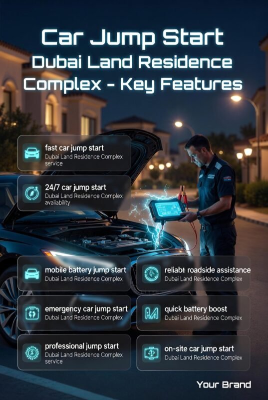 Mobile mechanic performing car jump start in Dubai Land Residence Complex at night with a booster device connected to a car battery, showing key service features in infographic style on both sides.