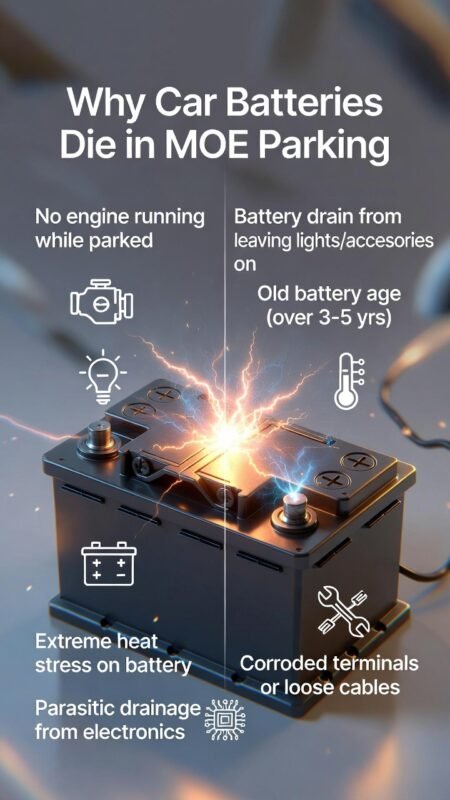 "Infographic image titled 'Why Car Batteries Die in MOE Parking', featuring a central animated premium car battery, key reasons listed on sides as bullet points, modern professional user guide style."