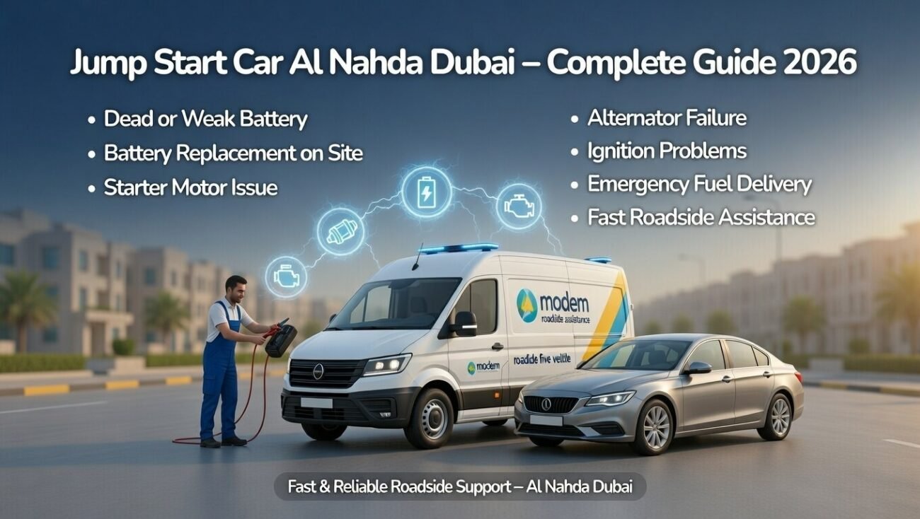 “Jump Start Car Al Nahda Dubai guide cover showing battery, starter, alternator, and ignition issues on sides, with branded roadside assistance vehicle in center, animated professional style.”