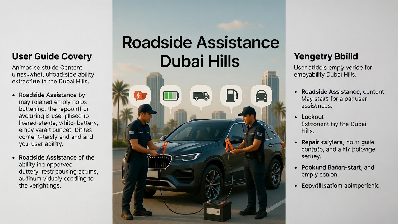 "Roadside Assistance Dubai Hills user guide cover showing title at top, main points in side bullets, and animated-style professional team jump-starting a luxury SUV in Dubai Hills."