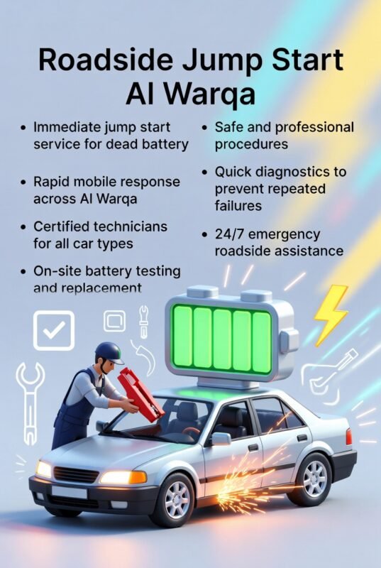 "Infographic showing roadside jump start service in Al Warqa, with title on top, key service points on sides, and an animated central car illustration with a technician performing a battery jump start."