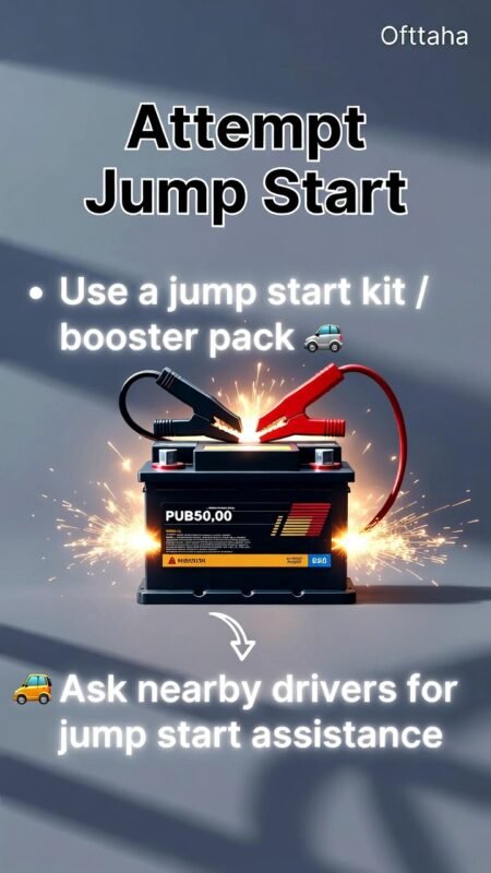 "User guide infographic titled 'Attempt Jump Start', showing central animated car battery with jump starter, key instructions on sides as bullet points, modern professional design."