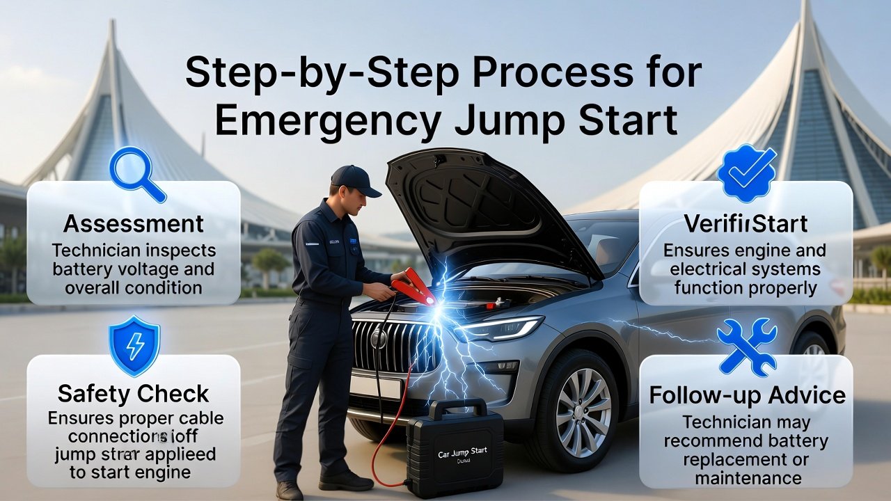 Infographic-style illustration showing a technician performing an emergency jump start on a luxury SUV, with animated electricity effects in the center and step-by-step process points displayed on the sides.