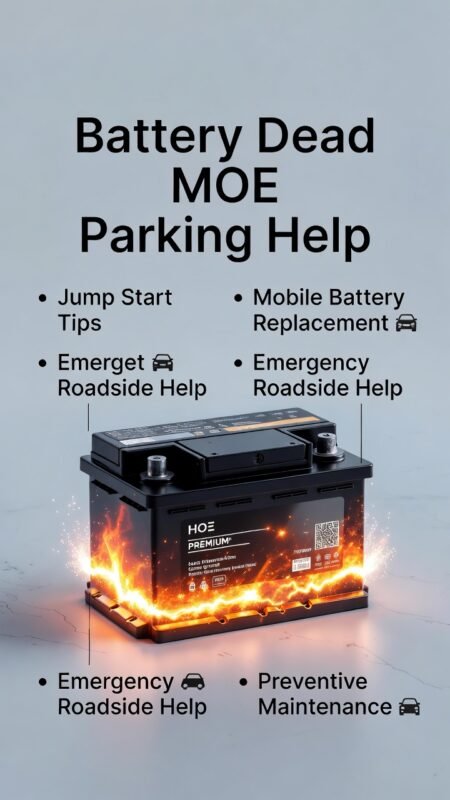 "Feature image for 'Battery Dead MOE Parking Help' article showing car battery in the center, animated spark effects, title at top, key bullet points on sides in infographic style, modern professional design."