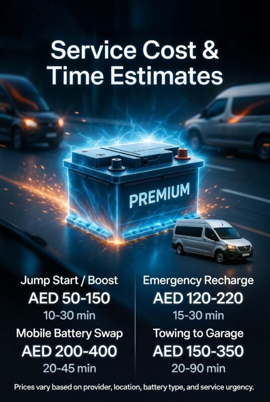 "Infographic titled 'Service Cost & Time Estimates', showing central animated car battery or roadside service, key service types with price and time on sides, modern professional design."