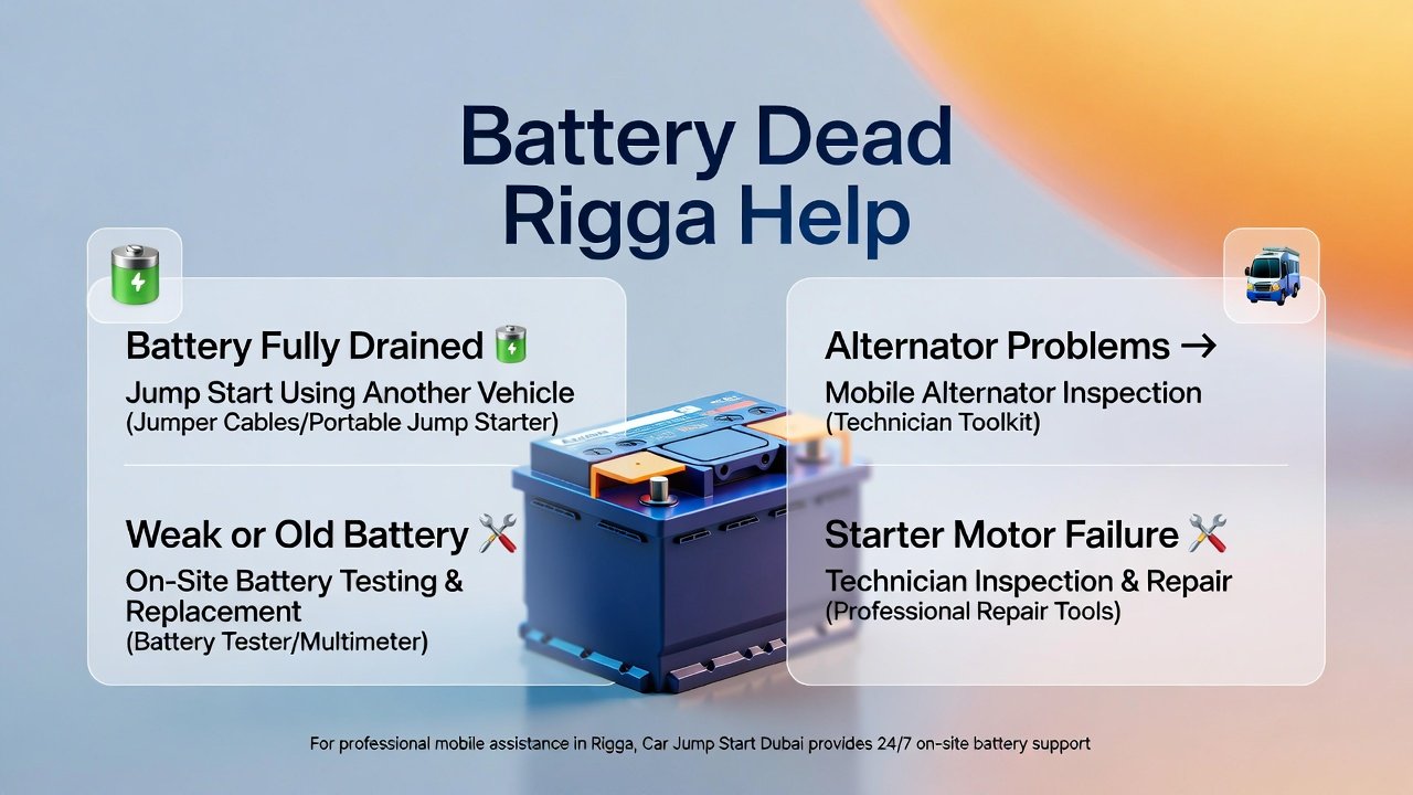 "Battery Dead Rigga Help infographic with title on top, key solutions table as side bullet points, and premium car battery in the center with animated infographic style."