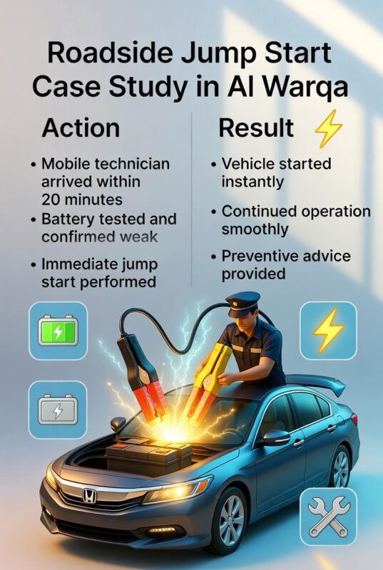 "Infographic showing a roadside jump start case study in Al Warqa, with title on top, action steps on the left, results on the right, and animated central car illustration with technician performing a jump start."