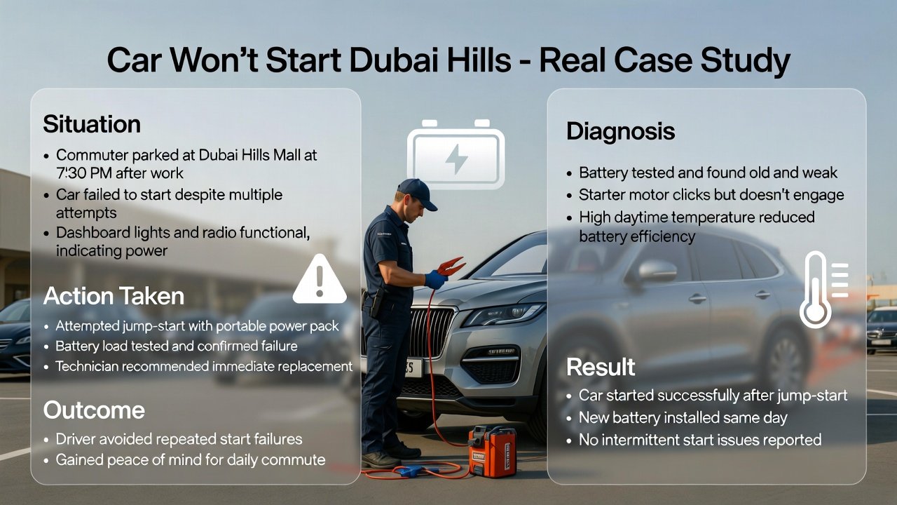 "Infographic showing Car Won’t Start Dubai Hills – Real Case Study with title at top, key case points as side bullets, and animated-style roadside assistance technician jump-starting a luxury SUV in Dubai Hills Mall parking with icons for battery, starter, and heat warning."