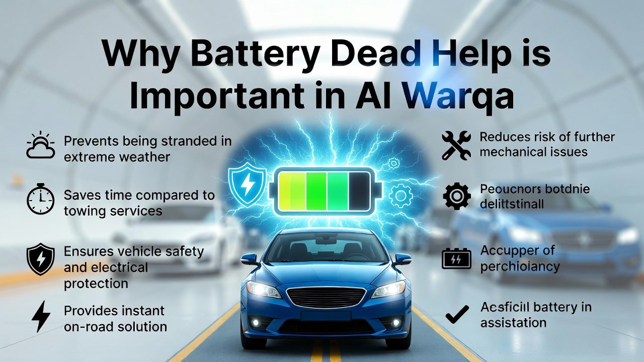 "Infographic showing why battery dead help is important in Al Warqa, with title on top, key benefits on both sides, and animated central car illustration with battery power restoration."