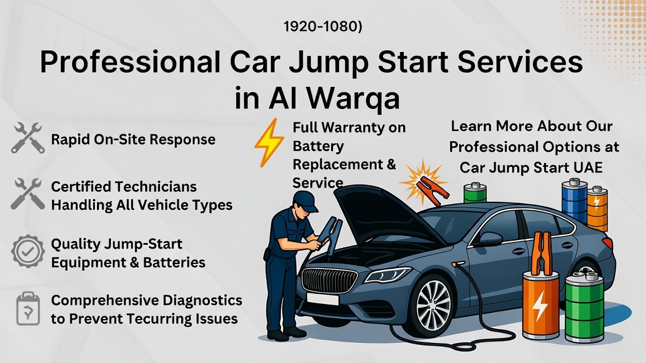 "Infographic showing professional car jump start services in Al Warqa, with title on top, key service features on the sides, and an animated central car illustration depicting a technician performing a battery jump."