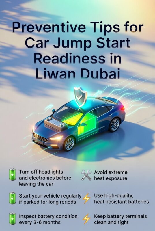 "Infographic showing preventive tips for car jump start readiness in Liwan Dubai, with title on top, key tips on both sides, and animated central car illustration with glowing battery and energy flow."