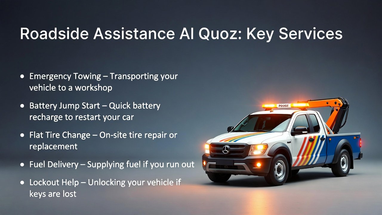 “Roadside Assistance Al Quoz user guide cover showing key services on sides including emergency towing, battery jump start, flat tire change, fuel delivery, and lockout help, with a branded roadside assistance vehicle in the center in animated style.”