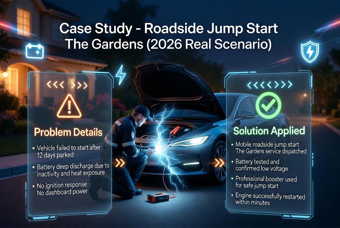 Roadside jump start The Gardens 2026 case study showing dead car battery situation and mobile technician restoring vehicle using jump start booster.