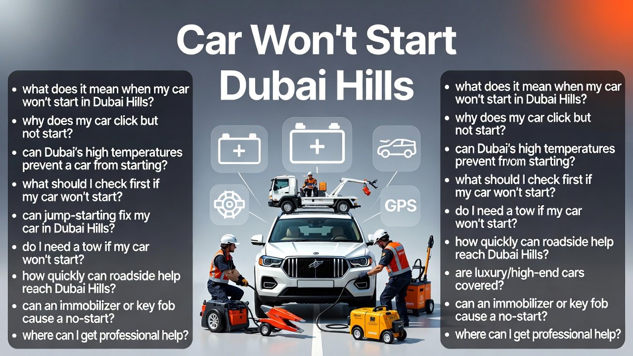 "Car Won’t Start Dubai Hills infographic showing title at top, FAQ bullet points along the sides, and an animated-style roadside assistance team helping a luxury SUV in the center with icons for battery, ignition, tow truck, GPS, and jump-start."