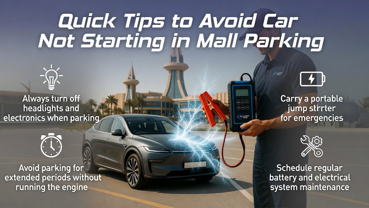 Infographic showing a luxury SUV parked in a Dubai mall parking lot with a technician holding a portable jump starter, animated electricity effects, and side panels displaying quick tips to prevent car not starting.