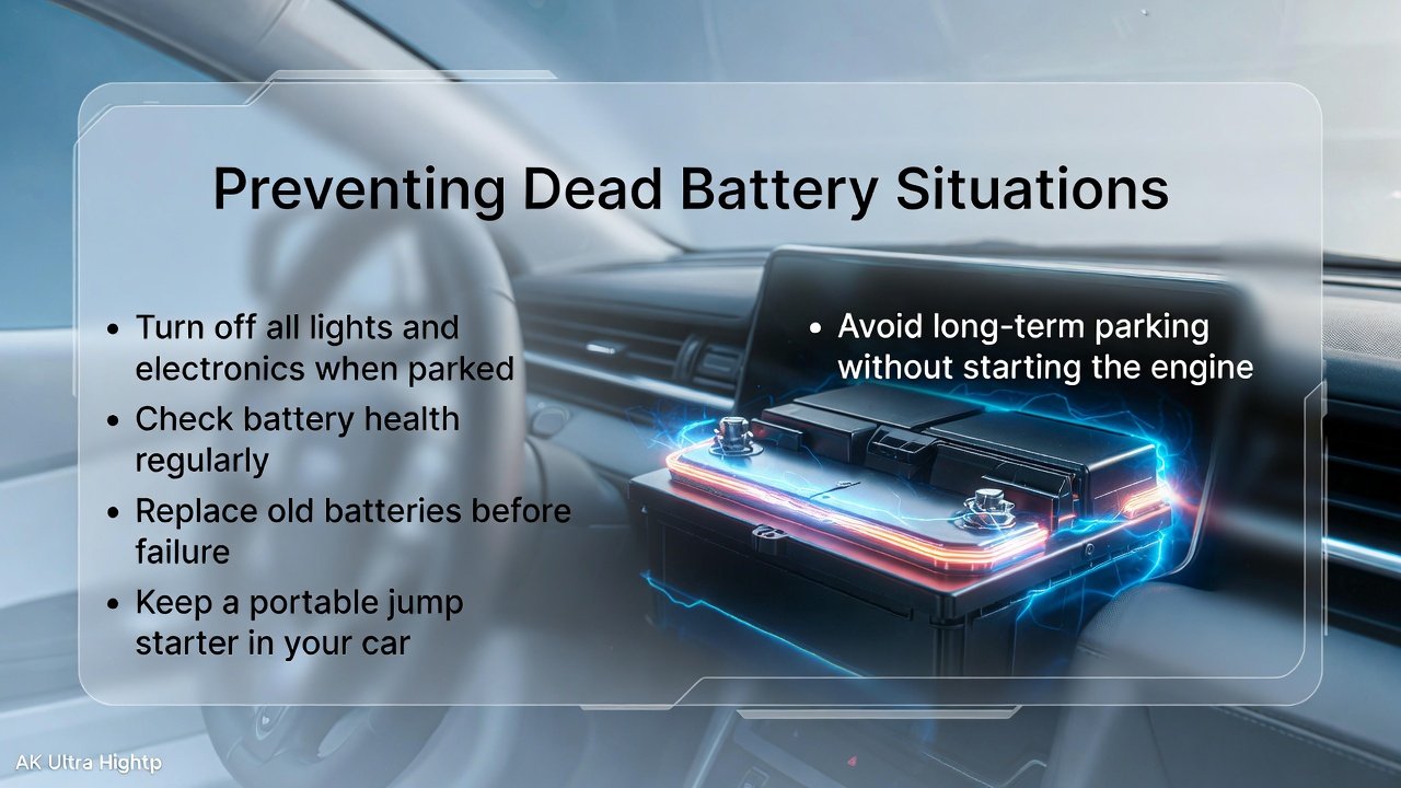 “User guide image showing main title at top, central car battery or dashboard, and preventive tips on sides in clean, animated style.”