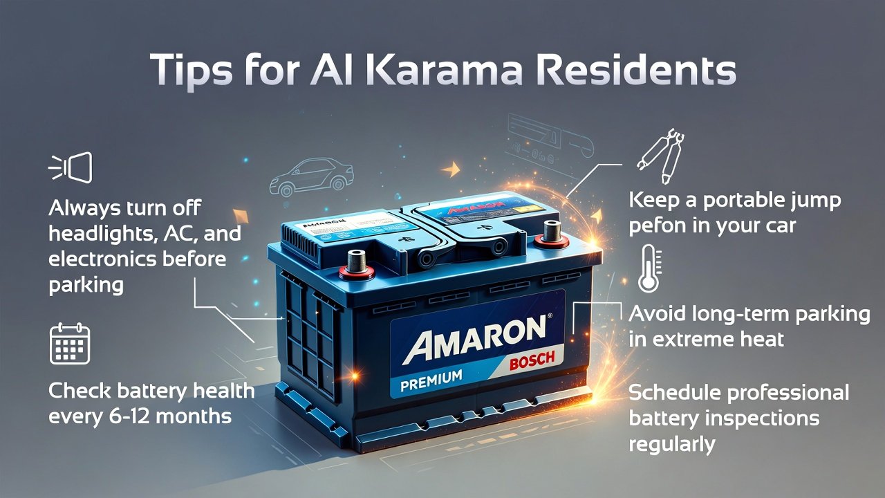 "User guide illustration for car battery maintenance tips in Al Karama, with title at the top, key tips on sides, and animated premium battery in the center."