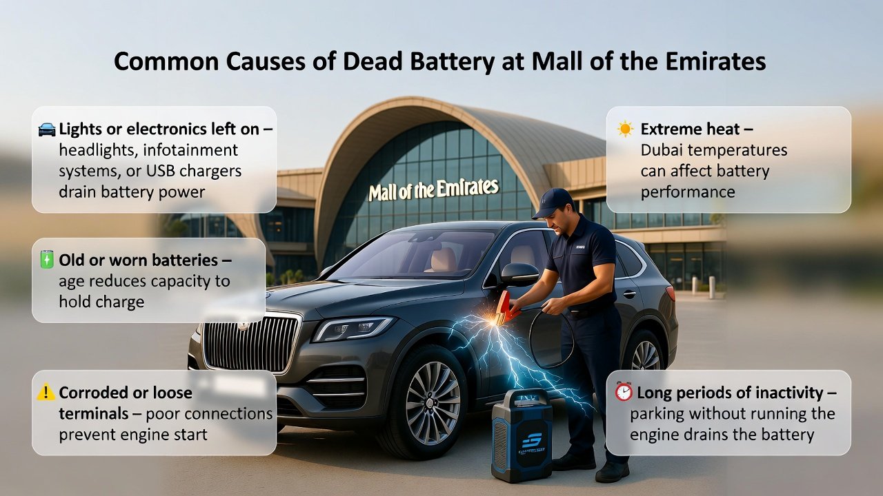 Infographic-style illustration showing a technician performing a jump start on a luxury SUV at Mall of the Emirates, with animated electricity effects and bullet points on sides highlighting common causes of dead battery.