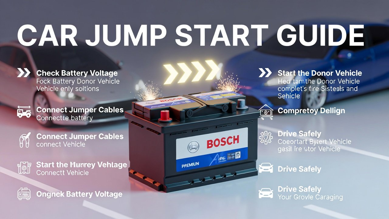 "User guide for car jump start with title at the top, key tips displayed as bullet points on the sides, and premium battery brand image in the center in animated style."