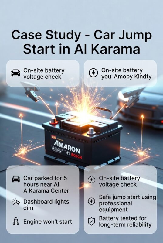 "Case study illustration of a car jump start in Al Karama, showing the title at top, key situation, actions, results, and takeaways on sides, with animated premium battery in the center."