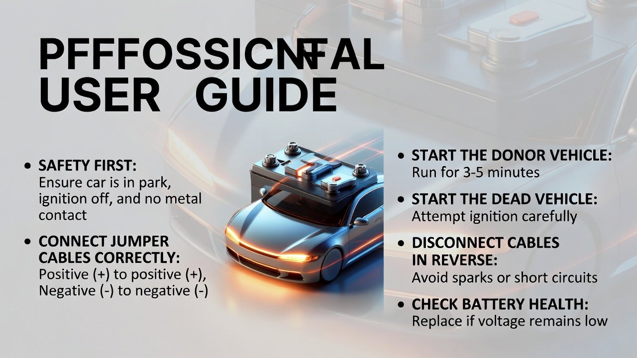 "High-quality user guide illustration showing the title at the top, animated premium car or battery in the center, and step-by-step emergency jump start procedure displayed on both sides as bullet points."