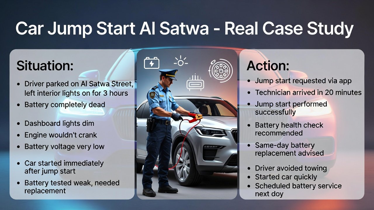 "Infographic showing Car Jump Start Al Satwa – Real Case Study with title at top, key case points as side bullets, and animated-style roadside assistance technician jump-starting a luxury SUV in Al Satwa with icons for battery, dashboard lights, jump cables, and response time."