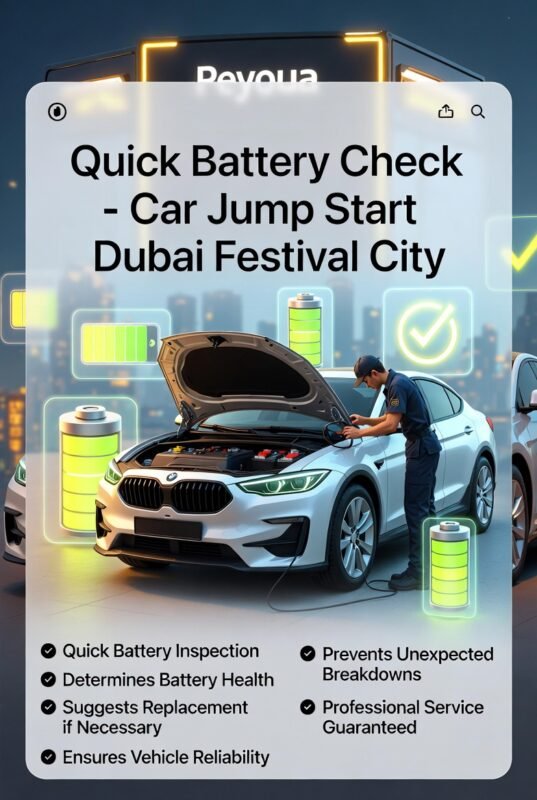 Technician performing a quick battery check on a car in Dubai Festival City with key benefits highlighted on both sides