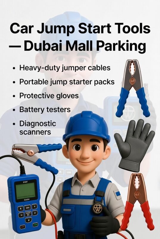 "Animated illustration of a technician with essential tools for jump starting a car in Dubai Mall parking, including jumper cables, portable starter pack, gloves, battery testers, and diagnostic scanners, with title on top and bullet points on the sides."