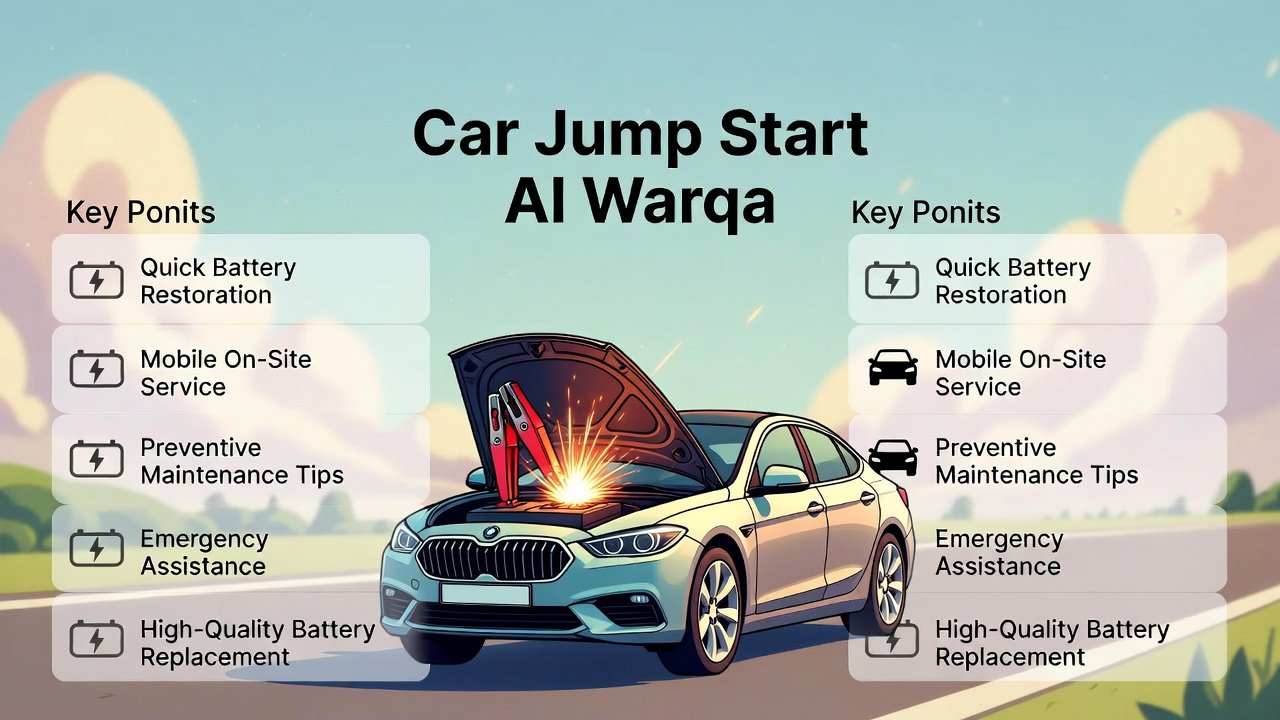 "User guide infographic for Car Jump Start Al Warqa showing title on top, key preventive tips on left and right sides, and an animated-style car illustration in the center depicting a battery jump start."