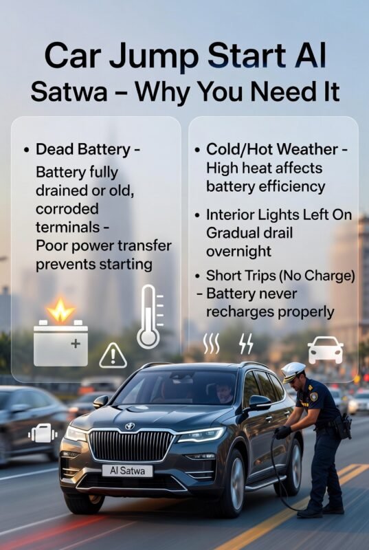 "Infographic showing Car Jump Start Al Satwa – Why You Need It with title at top, key causes as side bullet points, and animated-style roadside assistance technician helping a luxury SUV in Al Satwa with icons for battery, starter, heat, lights, and electrical load."
