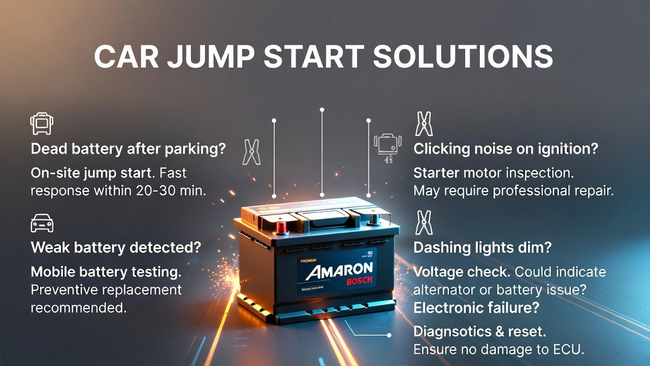 "User guide illustration for car jump start solutions, showing the title at the top, key service points from the table on sides, and premium animated battery in the center."