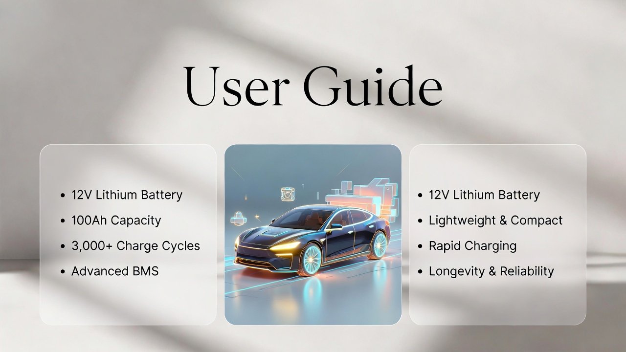 "High-quality user guide illustration showing the title on top, animated branded car in the center, and key points displayed on both sides in bullet format."