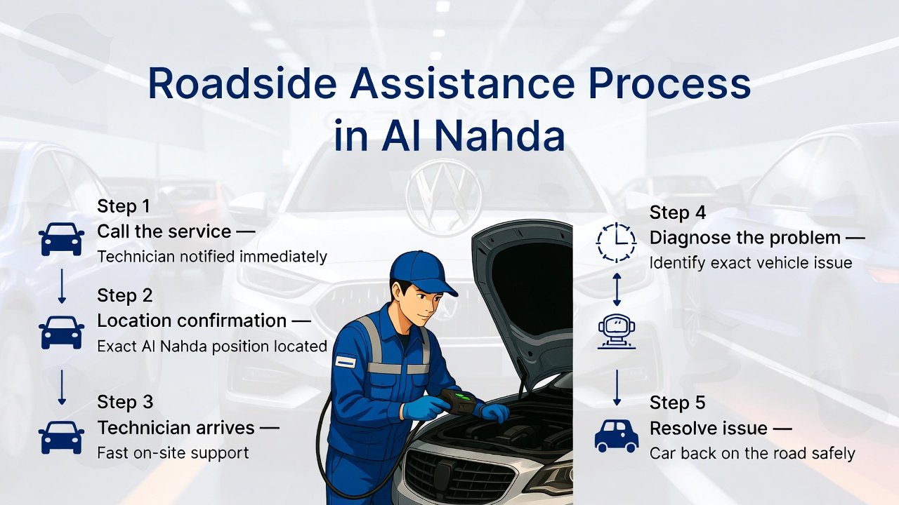 "Animated illustration of a technician performing the Roadside Assistance Process in Al Nahda, with title on top and step-by-step points displayed on the sides."