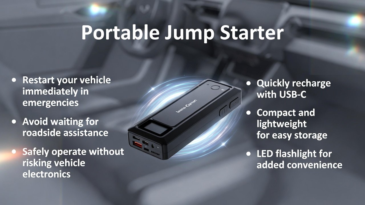 “Feature image showing top title, central high-quality portable jump starter, and key emergency use points on sides in clean, animated style.”