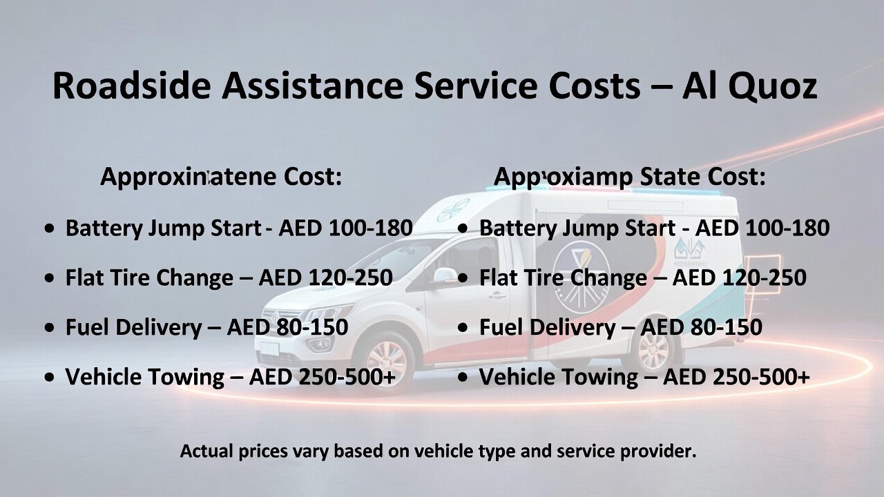 “Roadside Assistance Al Quoz user guide cover showing service types and approximate costs for battery jump start, flat tire change, fuel delivery, and vehicle towing on sides, with a modern branded roadside assistance vehicle in the center, animated style.”