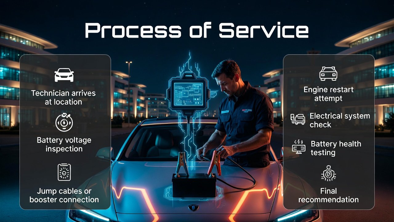 Infographic showing service process for battery dead Academic City help including technician steps from arrival to final recommendation.