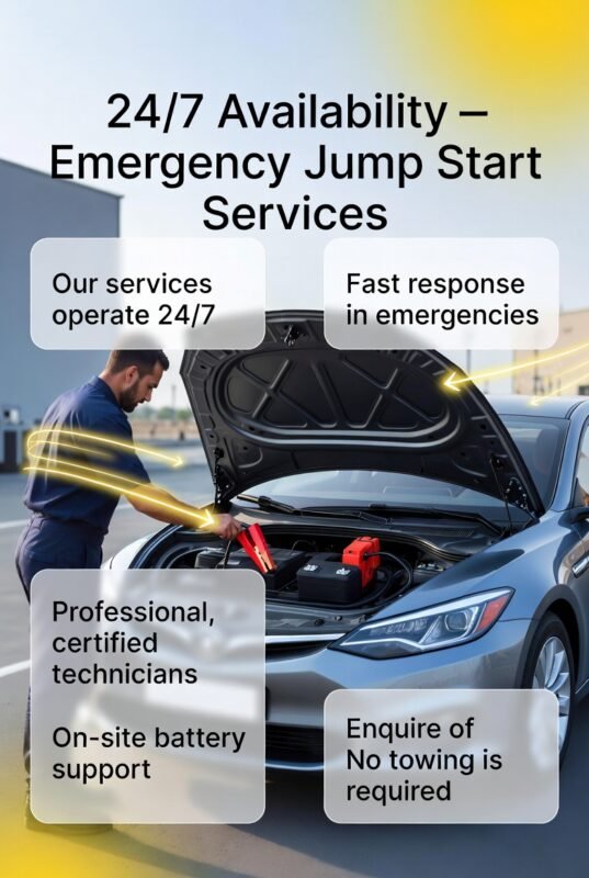Illustration of a technician performing an emergency car jump start at Ras Al Khor with key service benefits highlighted on both sides