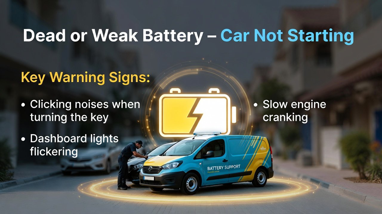 “Dead or weak battery guide cover showing clicking noises, dashboard flickering, and slow engine crank on sides, with branded roadside assistance vehicle in center, animated professional style.”