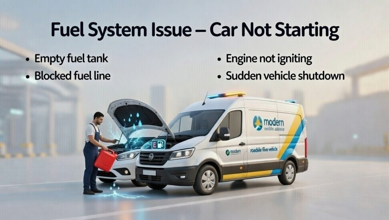 “Fuel system issue guide cover showing empty fuel tank and blocked fuel line symptoms on sides, with branded roadside assistance vehicle and technician providing fuel in center, animated professional style.”