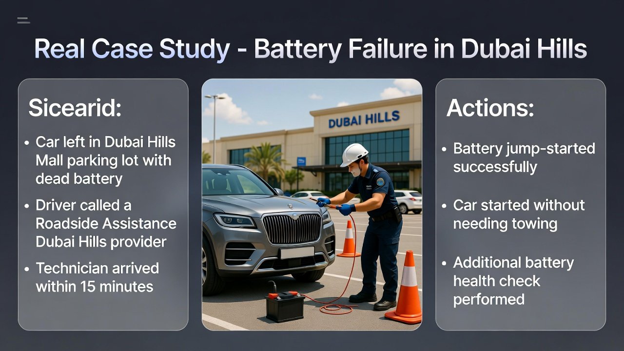 "Infographic showing Real Case Study – Battery Failure in Dubai Hills with title at top, bullet points on the sides summarizing scenario, action, result, and outcome, and an animated-style technician jump-starting a luxury SUV in Dubai Hills Mall parking."