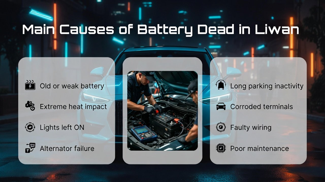 Infographic showing main causes of battery dead in Liwan with a car breakdown scene, mobile mechanic support, and categorized reasons displayed on both sides.