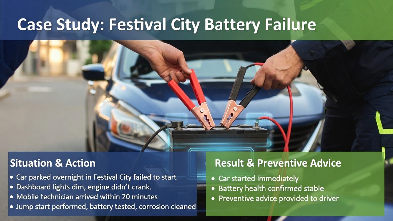 "User guide infographic showing a Nissan Altima battery failure case study in Festival City with mobile technician performing jump start and side bullet points summarizing situation, action, and results."