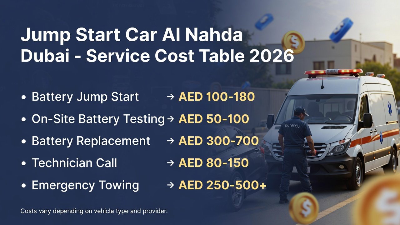 “Service cost table for Jump Start Car Al Nahda Dubai showing battery jump start, on-site testing, replacement, technician call, and emergency towing costs on sides, with branded roadside assistance vehicle in center, animated professional style.”