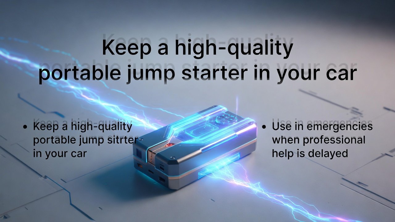 “User guide image showing main title at top, professional portable jump starter in the center, and guide points on both sides in clean, animated style.”