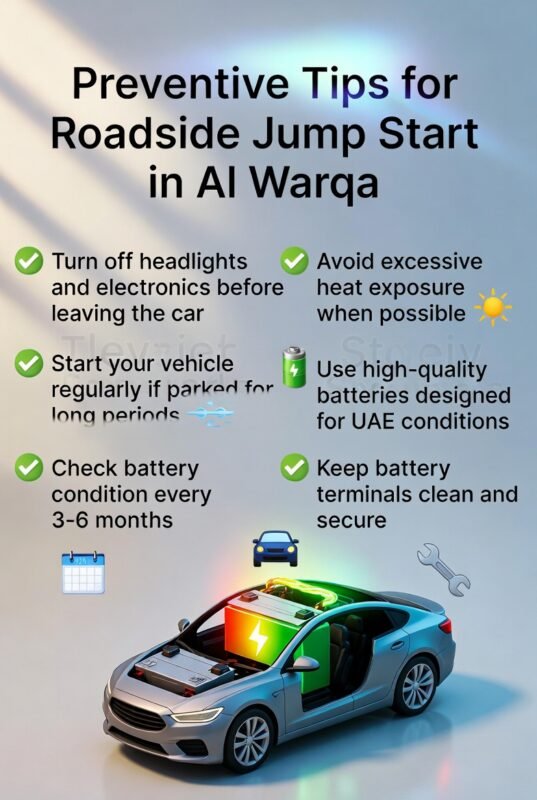 "Infographic showing preventive tips for roadside jump start in Al Warqa, with title on top, key tips on both sides, and animated central car illustration with healthy battery and energy flow."