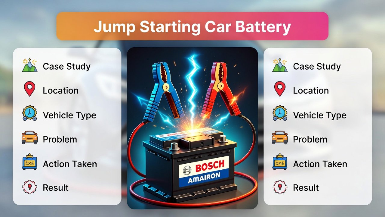 “Animated infographic showing a case study of car jump start Al Rigga Deira, with title at the top, key case details on sides, and premium battery in the center.”