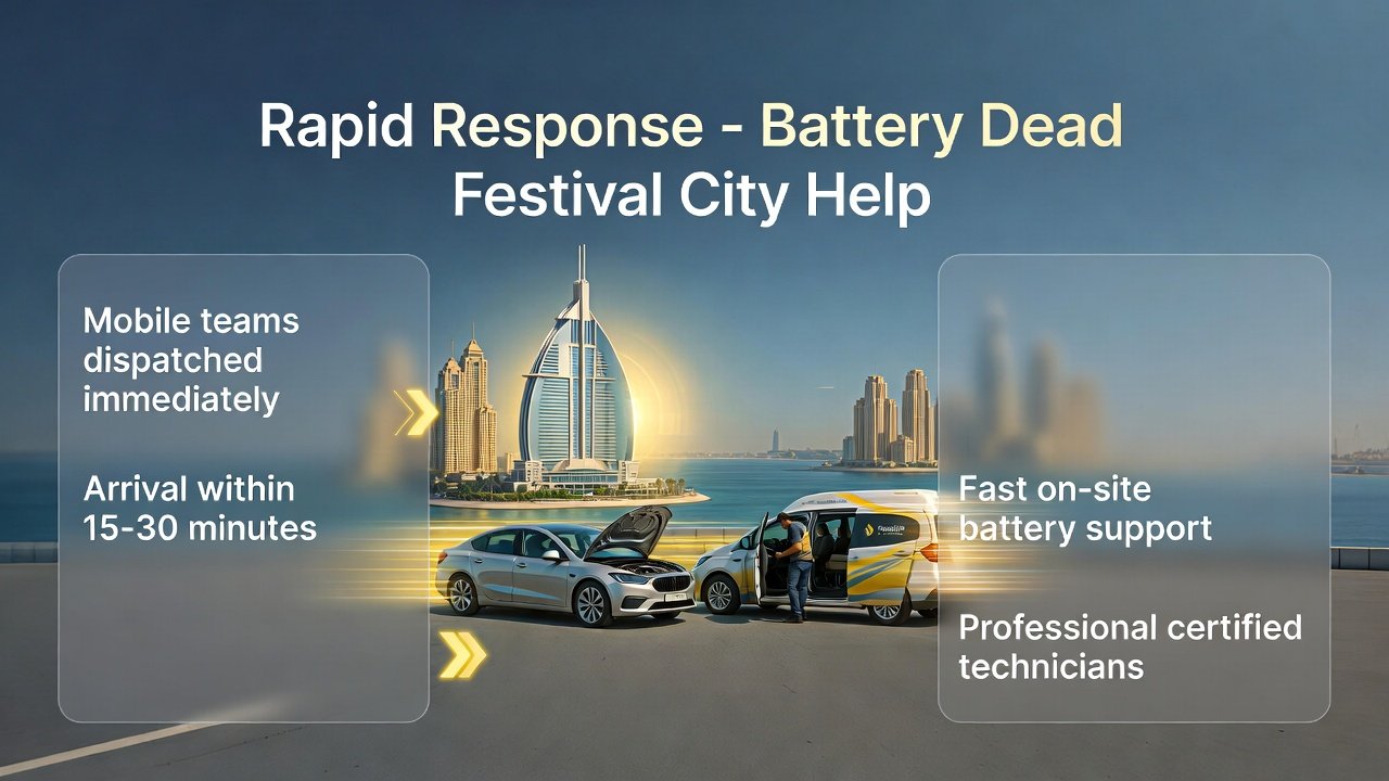 Technician arriving in a service vehicle to perform a battery jump start in Festival City, Dubai with key service benefits highlighted on sides