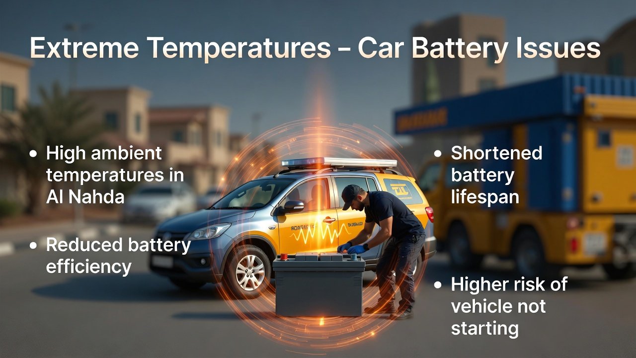 “Extreme temperatures guide cover showing high heat reducing car battery efficiency and lifespan on sides, with branded roadside assistance vehicle checking battery in center, animated professional style.”